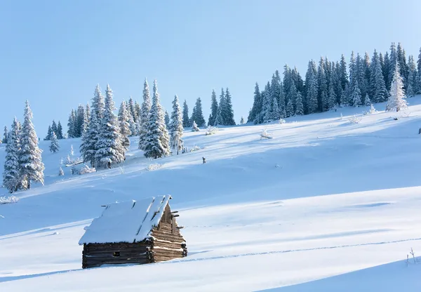 Inverno Paisagem Serena Montanha Com Galpão Kukol Mount Carpathian Mountains — Fotografia de Stock