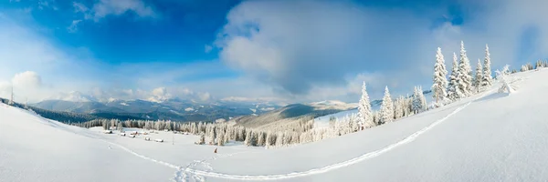 早晨冬天平静的山全景 棚集团和山山脊背后 喀尔巴阡山脉 乌克兰 六枪针图像 — 图库照片