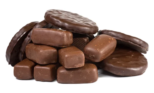 Smakelijke Zoete Biscuit Chocolade Groep Geïsoleerd Witte Achtergrond — Stockfoto