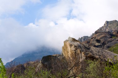 büyük bir taş üzerinde kayalık dağ (demerdzhi Dağı, Kırım, Ukrayna)