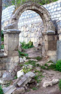 Arch dilapidated entrance to old Abandoned cemetery in the vicinity of Sevastopol Tovn (Crimea, Ukraine) clipart