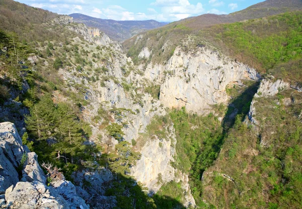 クリミア ウクライナの素晴らしいクリミアの峡谷の山のビューと松の木を春します — ストック写真