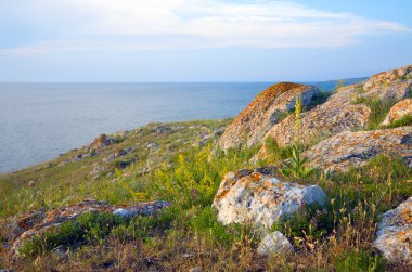 Summer sea and stony coastline (Kazantip reserve, Crimea, Ukraine). clipart