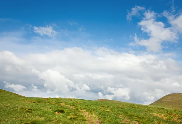 绿草覆盖夏天山腰 行人路和多云的天空 — 图库照片