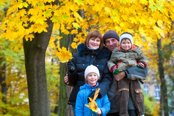 黄金の秋の市公園で若い家族 小さなお子様連れ — ストック写真