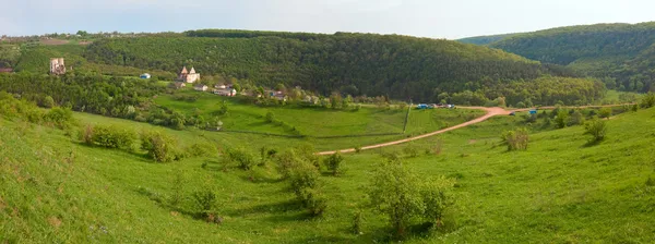 stock image Spring view of Chervonohorod Castle ruins ( Nyrkiv village , Zalischyky Raion, Ternopil Oblast, Ukraine). Built in early 17th century. Two shots stitch image.