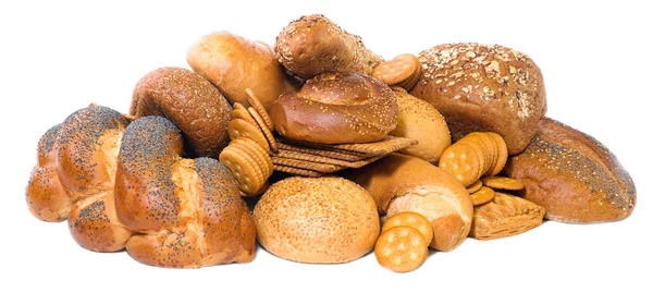 Piqueletes, pães e biscoitos isolados sobre fundo branco . — Fotografia de Stock