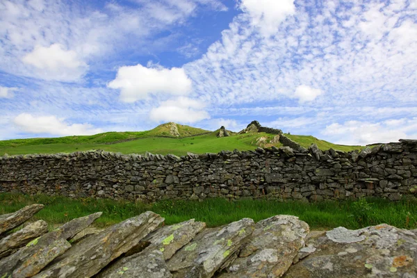 走在你将京岩墙或属性分隔线已经过了数百年的英格兰北部越野 — 图库照片