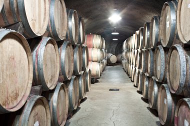 Many many gallons of wine, stored in oak barrels in a climate control basement clipart