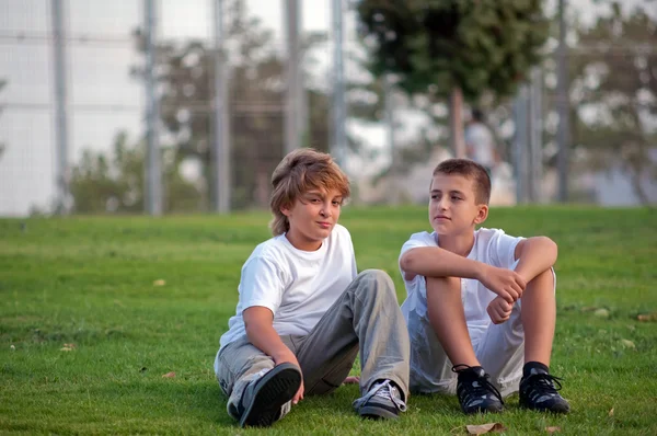 Porträt Zweier Jungen Auf Dem Rasen Park — Stockfoto