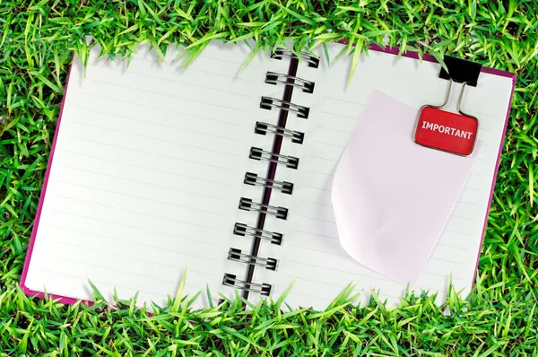 Blank page of note book on grass — Stock Photo, Image