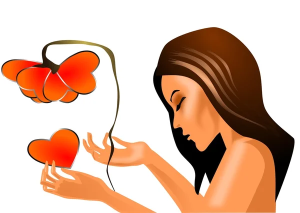 Векторная Иллюстрация Любви Женщины Лепестками Цветов Сердца — стоковый вектор