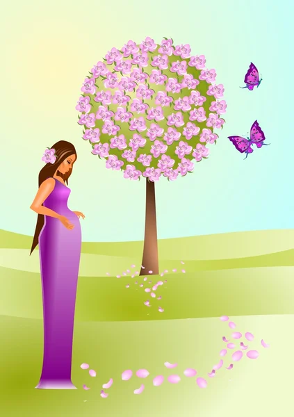 Векторная Иллюстрация Рождения Женщины Положении Против Благословенного Рождения Цветущего Дерева — стоковый вектор