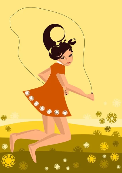 Illustration Vectorielle Une Corde Sauter Skakaj Girl Dans Une Prairie — Image vectorielle