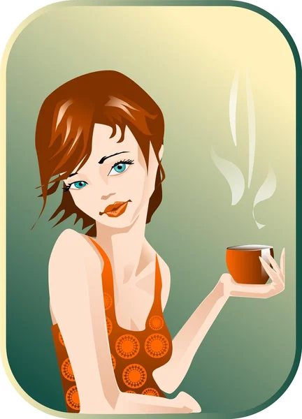 コーヒーのカップを持つ女性のイラスト — ストックベクタ