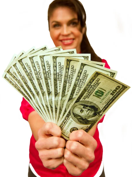 Atraktivní ženský model drží 100 dolarů — Stock fotografie