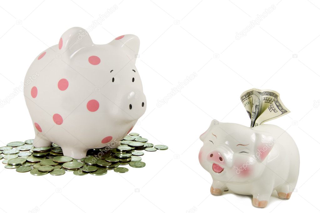 Piggy bank on coins stares at another piggy bank holding a 100 dollar bill.