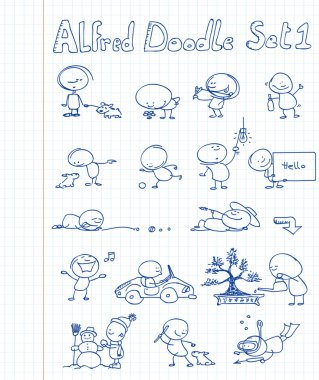 16 cool and funny doodles featuring Alfred Doodle in different situations clipart