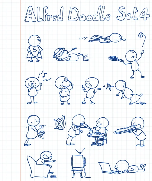 14 novos, legais e engraçados doodles com Alfred Doodle em diferentes situati —  Vetores de Stock