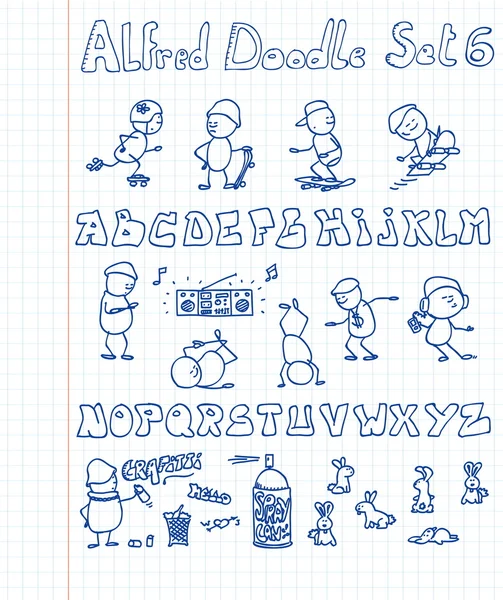 10 yeni, havalı, hip-hoppedy ve komik doodles featuring alfred doodle ve c — Stok Vektör