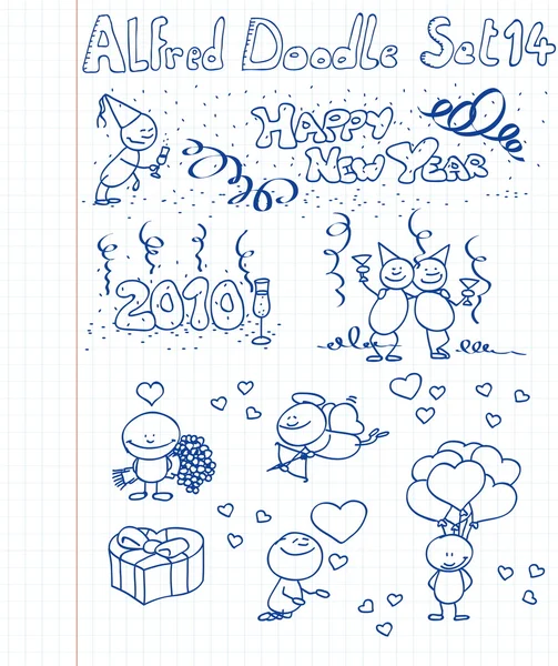 Happy New Year Valentine Collection Doodles — Stock Vector
