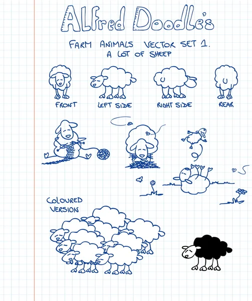 Premier Ensemble Animaux Ferme Dans Style Doodle Moutons — Image vectorielle