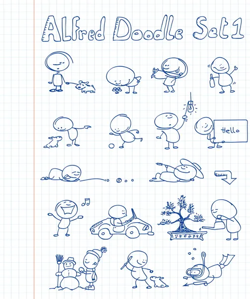 16 scarabocchi cool e divertenti con Alfred Doodle in diverse situazioni Grafiche Vettoriali