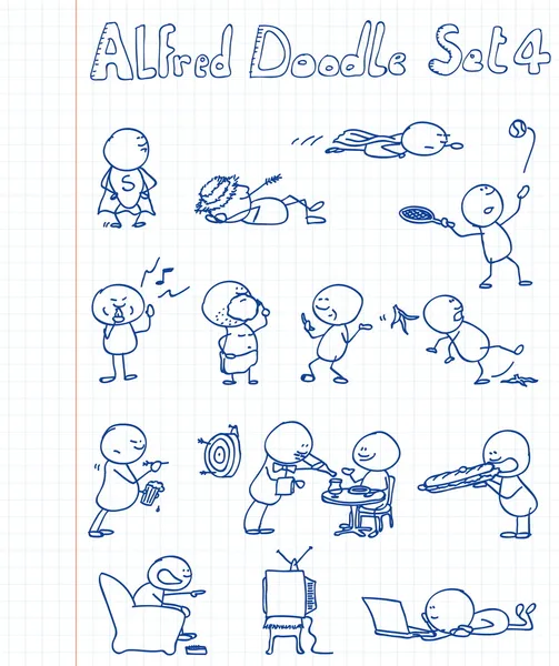14 nuovi, cool e divertenti scarabocchi con Alfred Doodle in luoghi diversi Vettoriale Stock