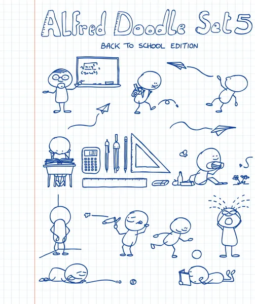 11 nuovi, cool e divertenti scarabocchi con Alfred Doodle di nuovo a scuola si Vettoriale Stock