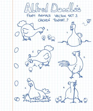 A third set of farm animals in doodle style: chickens clipart