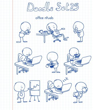 A new set of funny and adorable office rituals doodles clipart