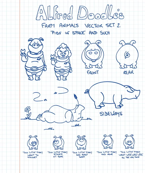 Eine Zweite Gruppe Von Nutztieren Doodle Stil Schweine — Stockvektor