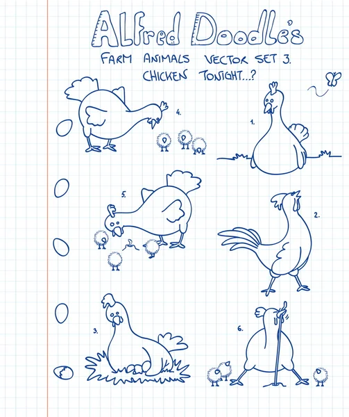 Ένα Τρίτο Σύνολο Των Αγροτικών Ζώων Στυλ Doodle Κοτόπουλα — Διανυσματικό Αρχείο