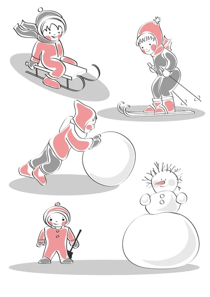 儿童滑雪 雪橇和建筑的雪人 — 图库矢量图片