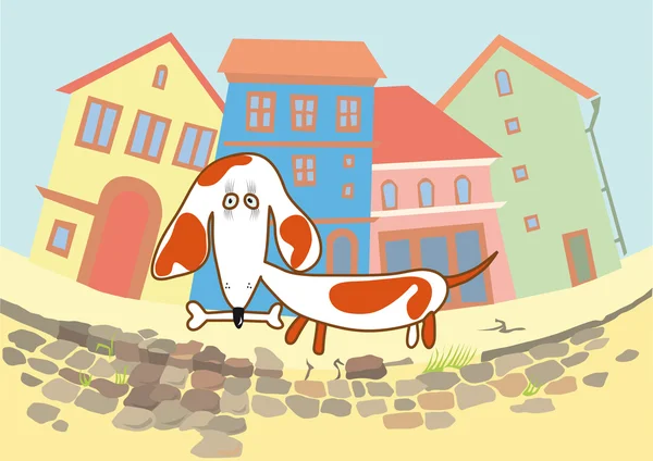 Cão Dos Desenhos Animados Com Osso Caminha Rua Abaixo —  Vetores de Stock