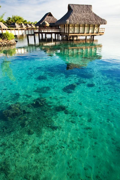 Over water bungalows over verbazingwekkend koraal lagune — Stockfoto