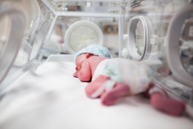 Newborn baby boy covered in vertix inside incubator clipart