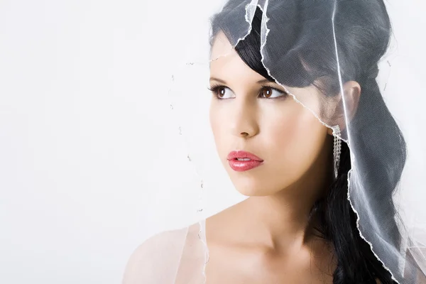 Happy bride with veil and red lips — Stock Photo, Image