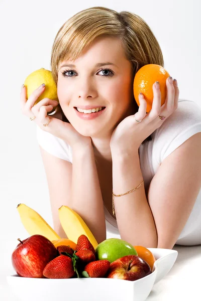 Young Beautiful Female Playing Various Fruits — Stock Photo, Image