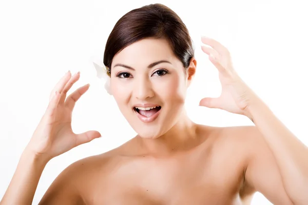 Retrato Atraente Asiático Feminino Mostrando Rosto Surpreso — Fotografia de Stock