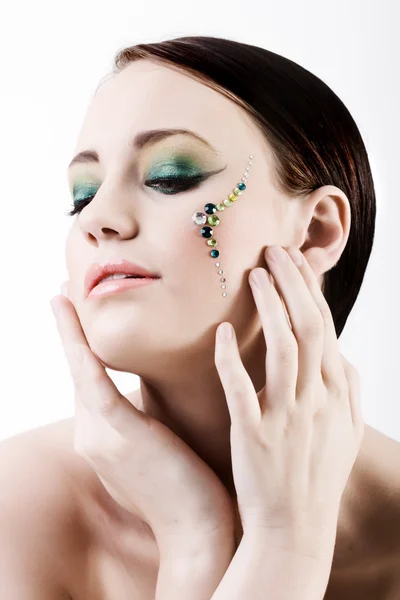 Jovem Com Maquiagem Verde Criativa — Fotografia de Stock