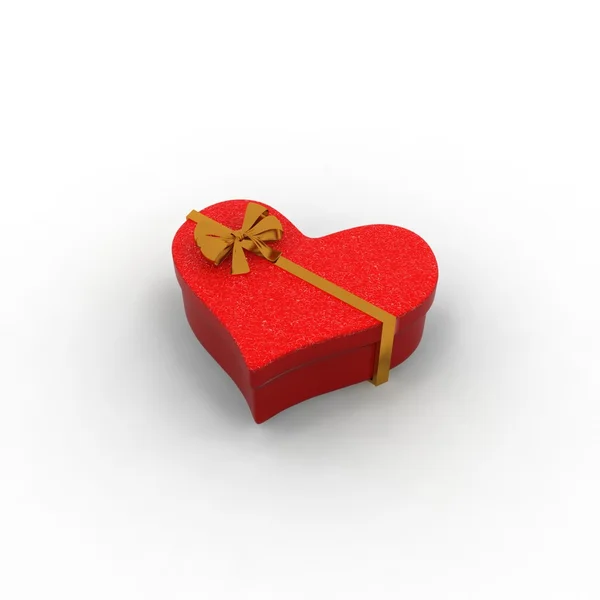Red Heart Box With Green Ribbon Bow — Zdjęcie stockowe