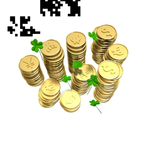 Złote monety z płatkami zielony — Zdjęcie stockowe