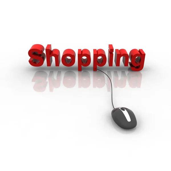 Texto de compras vermelho com mouse — Fotografia de Stock