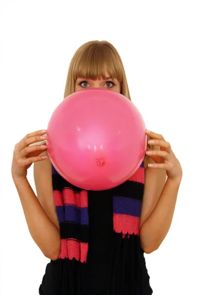 Flicka som håller ballongen isolerad på vit — Stockfoto