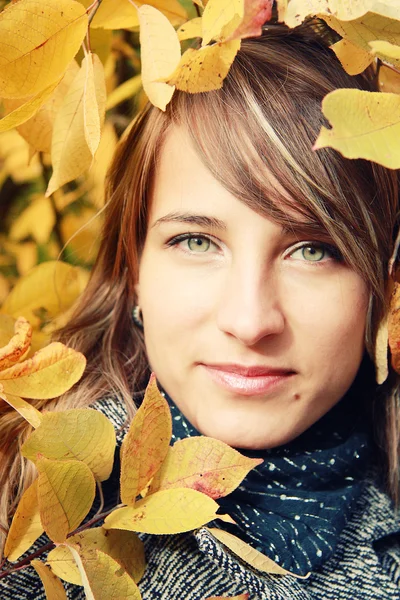 Красивая девушка среди осенних листьев — стоковое фото