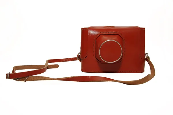 stock image Close-up film camera in a leather case isolated on white