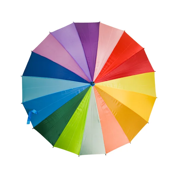 Ombrello arcobaleno multicolore sparato dall'alto isolato su dorso bianco — Foto Stock