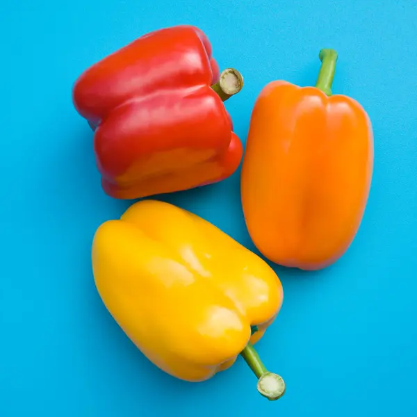 Laranja; pimentas doces vermelhas e amarelas em placa de corte de plástico azul brilhante — Fotografia de Stock