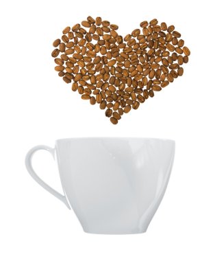 Coffee art - coffee cup with heart-shaped steam made of coffee beans; isola clipart